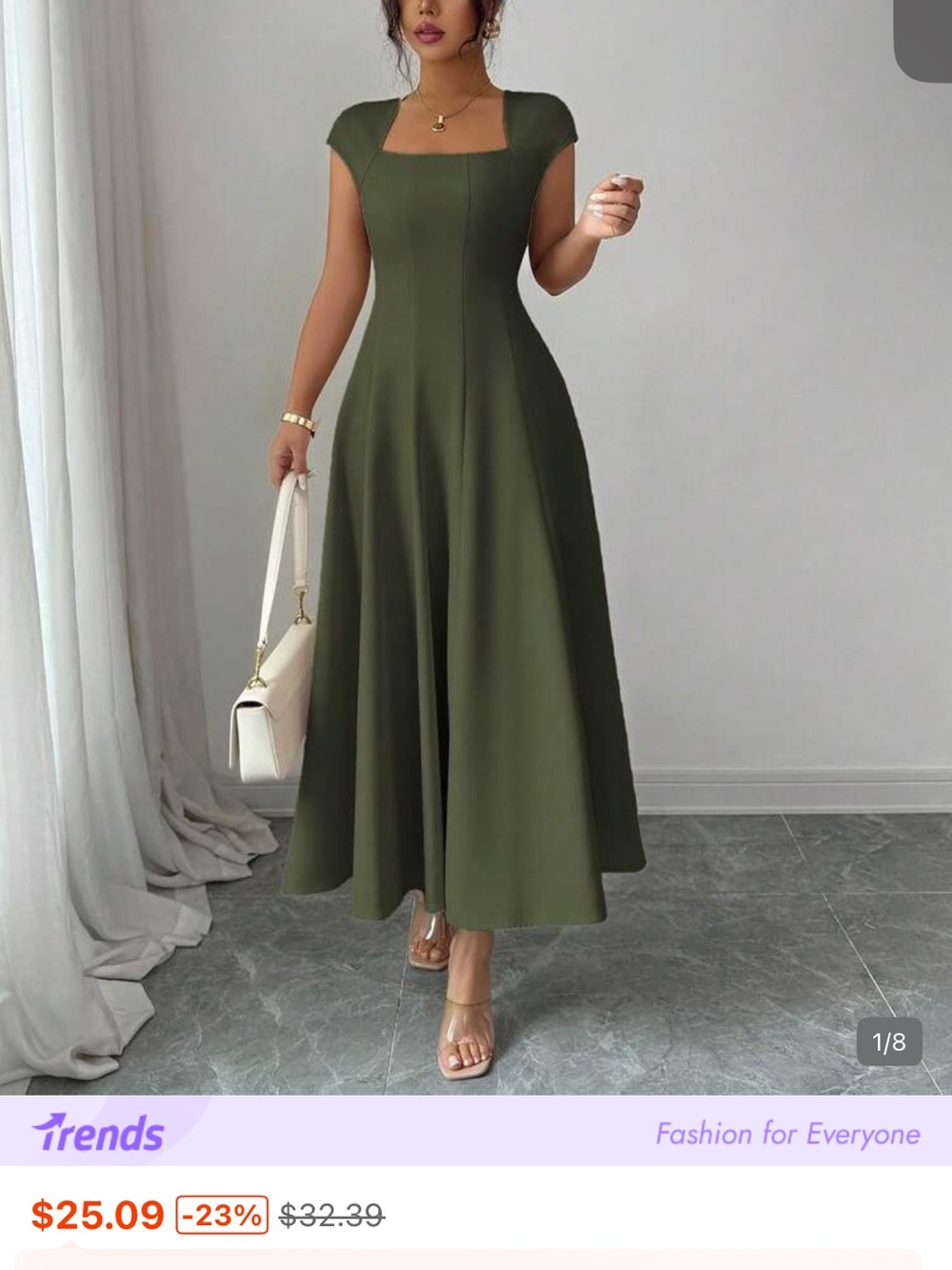 SHEIN Olive Green Square-Neck Midi Dress